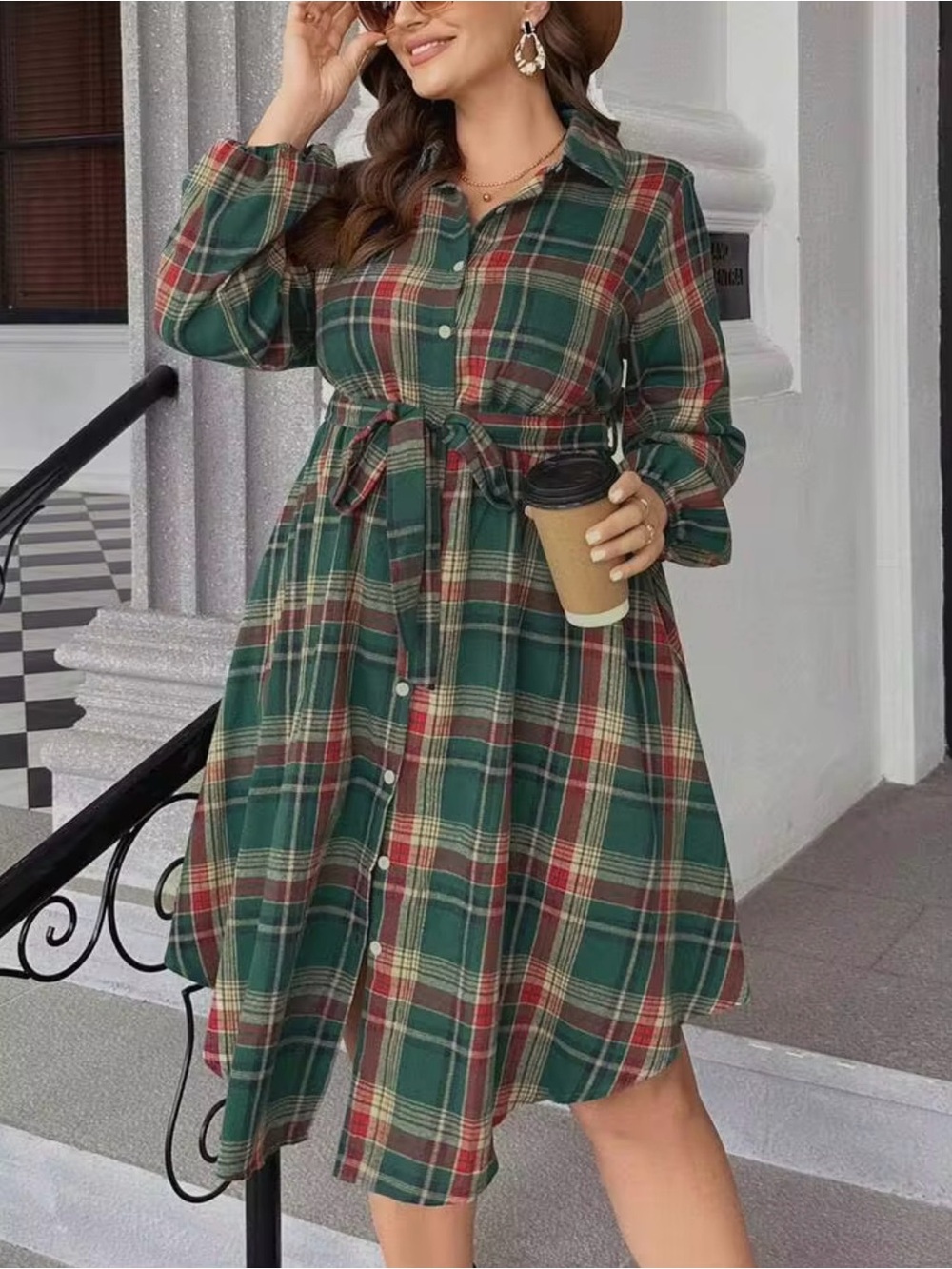 Tartan Plaid Print Flannel Belted Shirt Dress Women 2XL